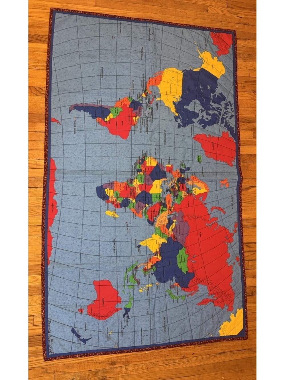 Vintage 2007 World Map Quilted Wall Hanging Tapestry Fiber Art 57x35